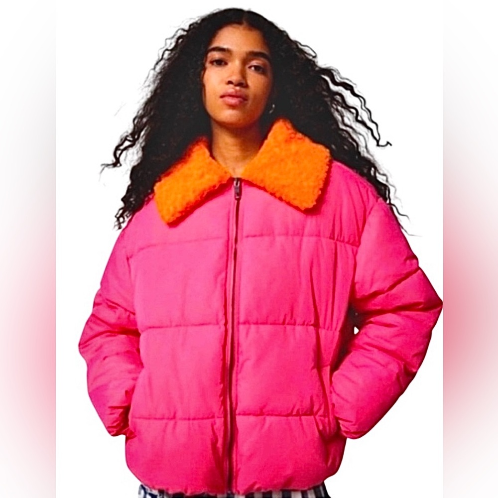 Urban Outfitters Pink and Orange Duckie Faux Shearling Collar Puffer Jacket NWOT
